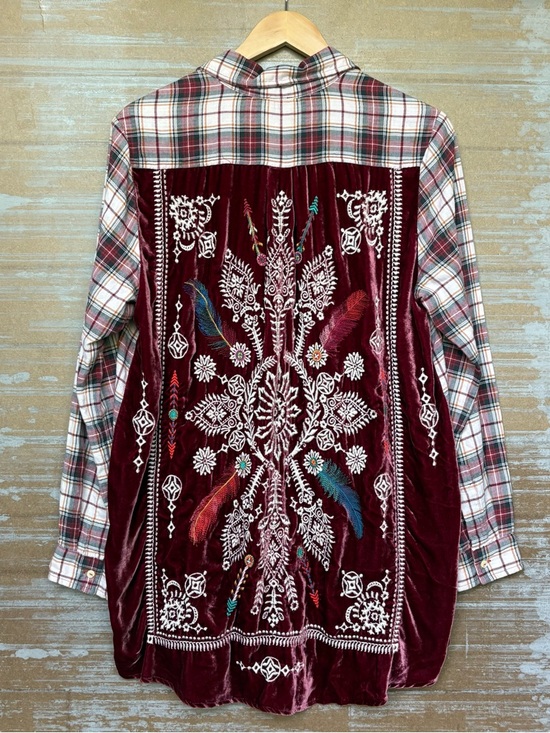 Johnny Was Tops - Johnny Was Velvet Floral Embroidered Plaid Button Down Western Boho Womens M